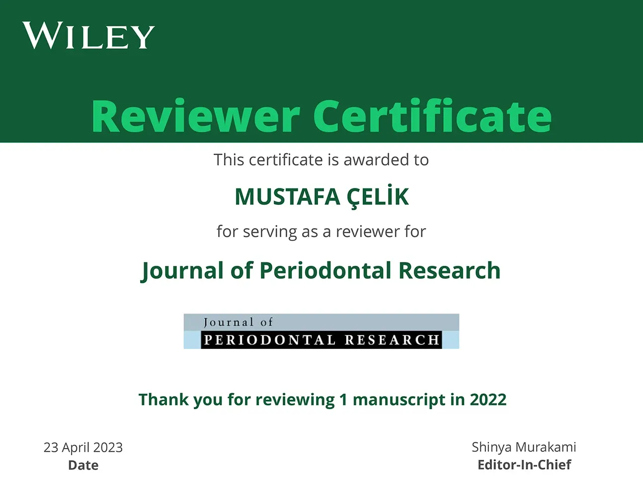 Reviewer Certificate – Journal of Periodontal Research (2023)