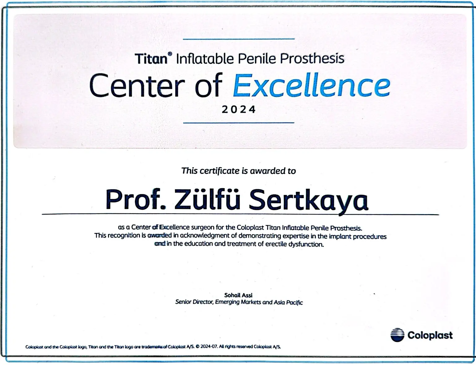 Titan® Inflatable Penile Prosthesis Center of Excellence Certificate – Coloplast (2024)