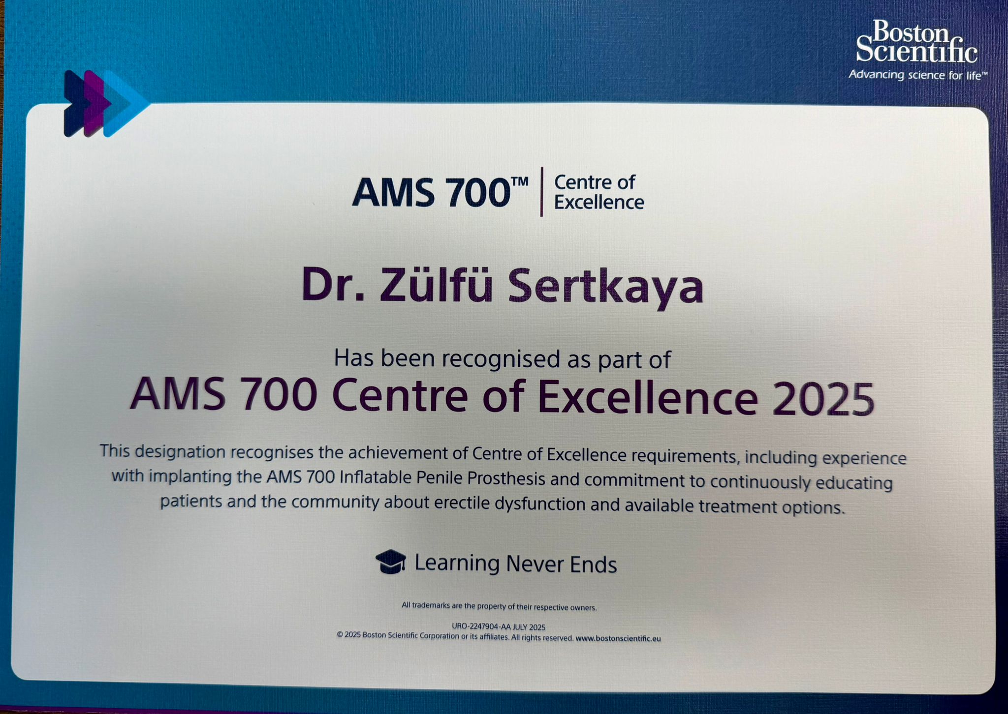 AMS Inflatable Penile Prosthesis Center of Excellence Certificate – AMS 700 (2025)