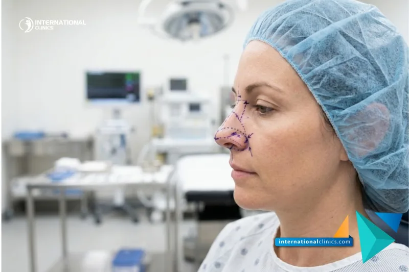 A clean clinical photo showing a patients facial profile with surgical planning lines for Cartilage rhinoplasty in Turkey at International Clinics.
