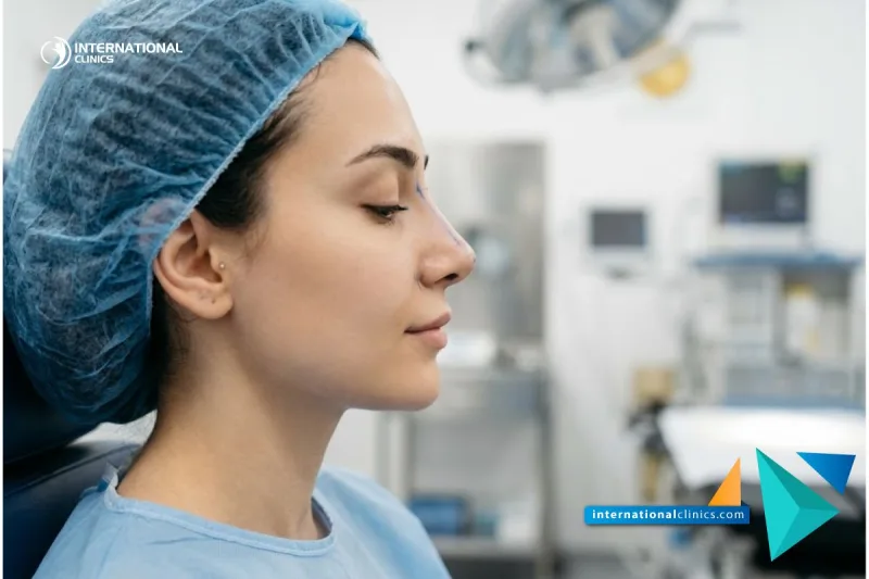 Aesthetic close-up of a patient's side profile with surgical planning lines for Dorsal Hump Removal in Turkey at International Clinics.