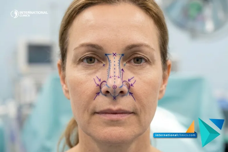 Clinical photograph of a patient's face with surgical planning lines for Functional and Cosmetic Rhinoplasty at International Clinics.