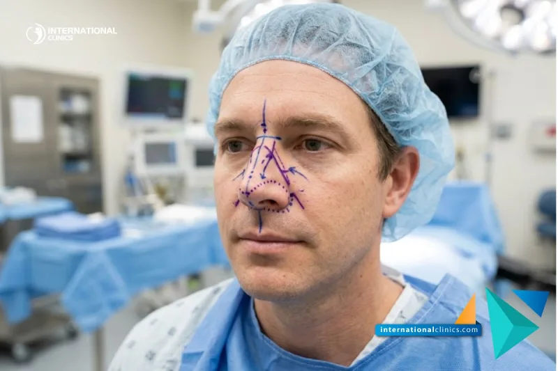 Clinical close-up of a nose marked with surgical planning lines for Reconstructive rhinoplasty cost after accidents at International Clinics.
