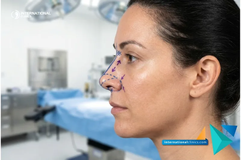 Clinical photograph of a patient's facial profile with surgical planning lines for the Cheapest Rhinoplasty Clinic in Turkey at International Clinics.