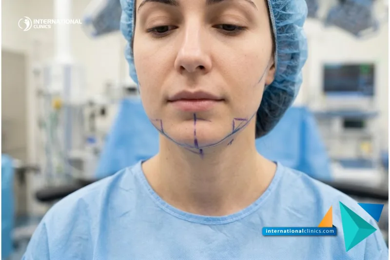 Clinical close-up photograph showing precise surgical planning lines on a patient's jawline for Orthognathic Surgery in Turkey at International Clinics.