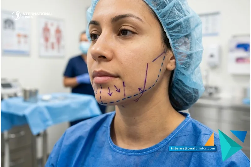 A clinical close-up of a patient's jaw marked with surgical planning lines for Cosmetic Lower Jaw Surgery at International Clinics.