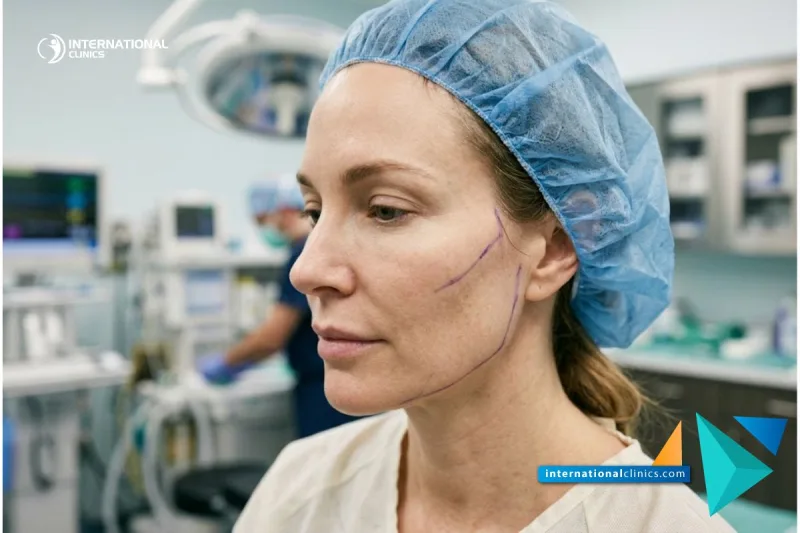 Крупный план разметки контуров скуловых костей в International Clinics для оценки Стоимость операции на скулах в Турции.