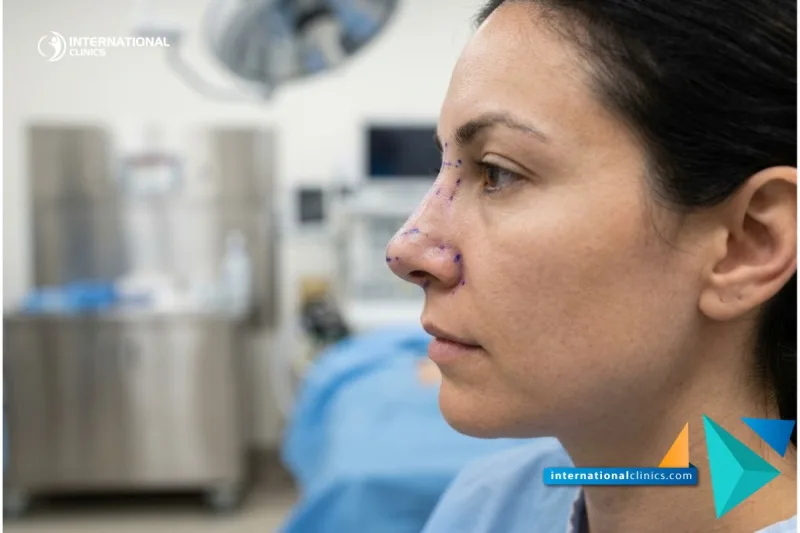 صورة مقربة تظهر نتائج تجميل الأنف بغضاريف القفص الصدري مع خطوط جراحية زرقاء في بيئة معقمة في إنترناشونال كلينكس.