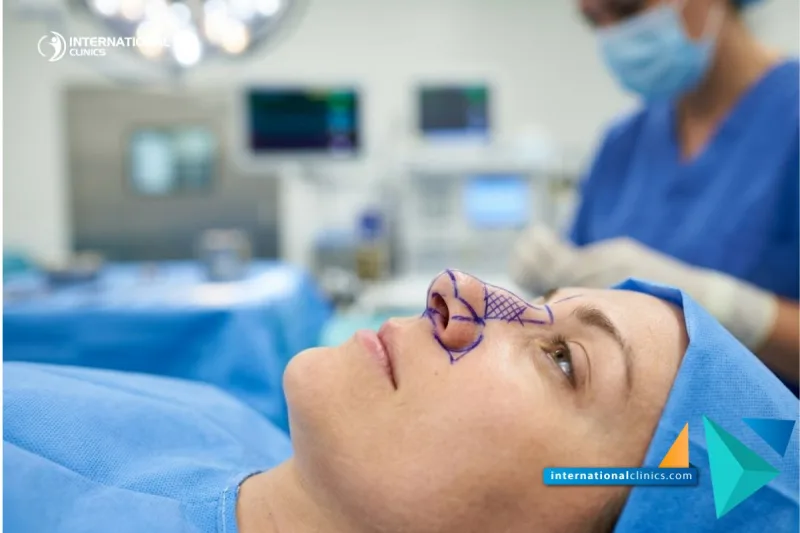 A clinical photograph showing precise surgical planning lines on a patient's nose for Enlarged Nasal Glands Removal at International Clinics.