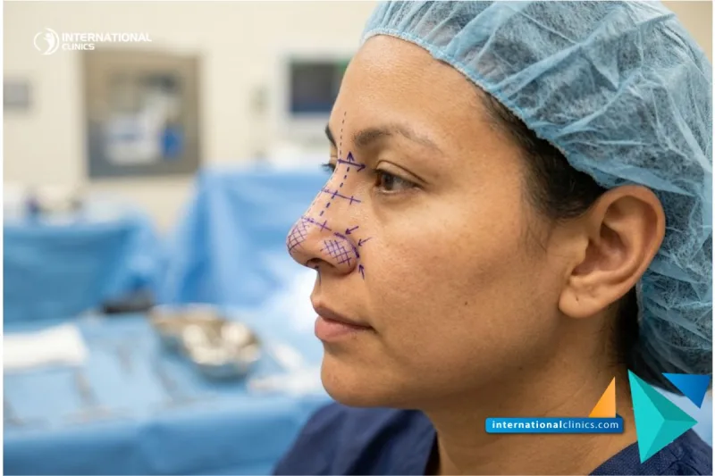 A clinical photograph of a patients facial profile with surgical planning lines for Nasal Bridge Cartilage Grafting at International Clinics.