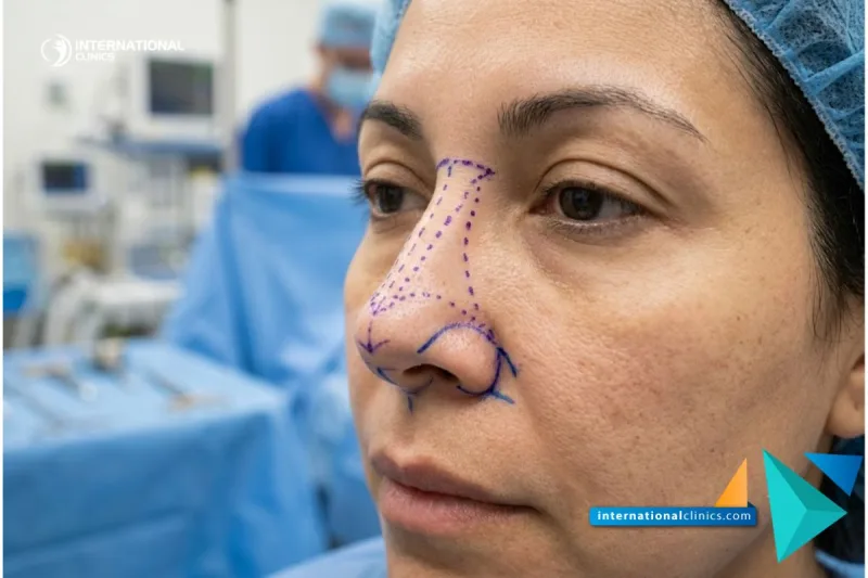 Clinical photograph of a nose with surgical planning lines prior to the Surgical Removal of Permanent Nose Filler at International Clinics.