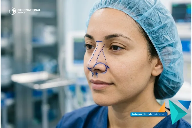 A clinical photograph of a patients nose marked with precise blue surgical lines for Ultrasonic Rhinoplasty at International Clinics.