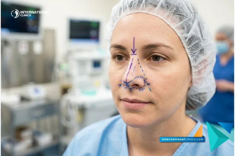 A clinical photograph of a patient's nose marked with surgical planning lines for Septoplasty in Turkey, set in a modern surgical room at International Clinics.