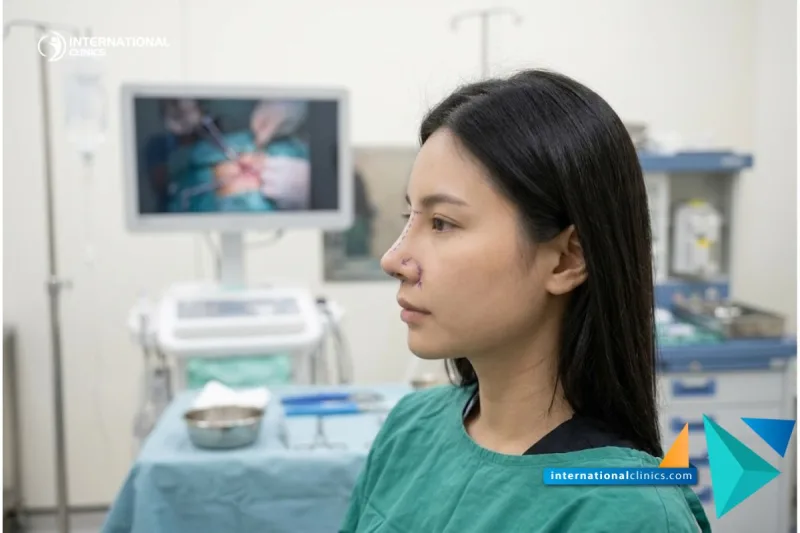 Close-up aesthetic photograph of a flawless nasal profile showcasing the Hidden Suture Rhinoplasty Technique with surgical planning lines at International Clinics.