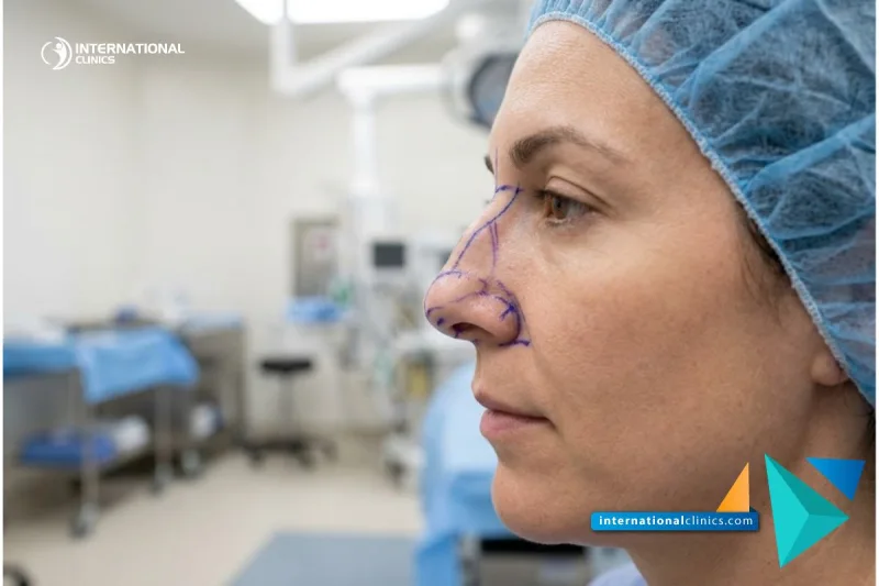 A clinical side profile photograph showing surgical planning lines for Roman Rhinoplasty in Turkey at International Clinics.