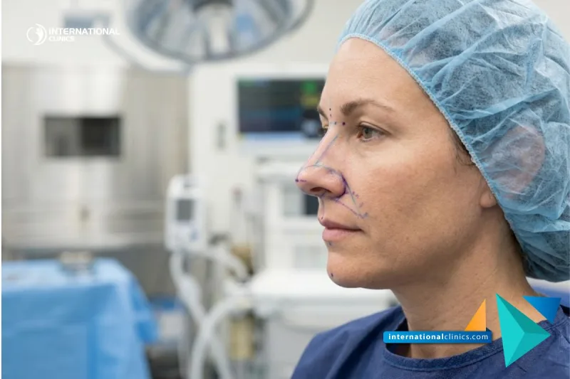 Clinical photograph of a patients facial profile with surgical planning lines for ENT and Facial Plastic Surgery at International Clinics.