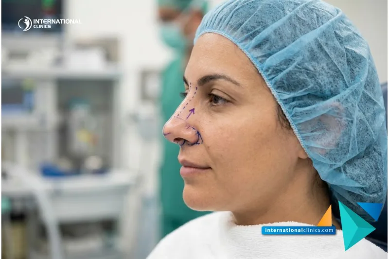 Clinical photograph of a facial profile with surgical planning lines for Awake Rhinoplasty in Turkey at International Clinics.
