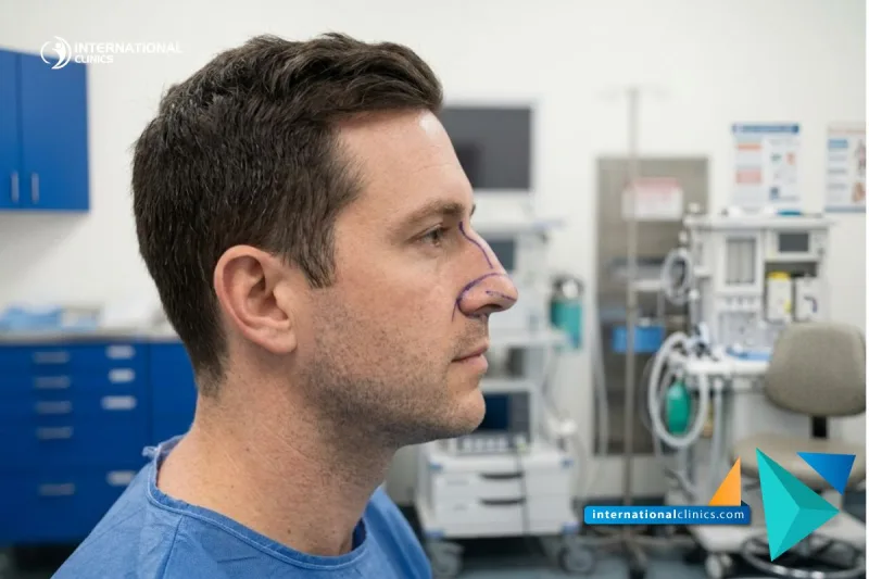 Clinical photograph of a male facial profile marked with blue surgical planning lines for Male Rhinoplasty at International Clinics.
