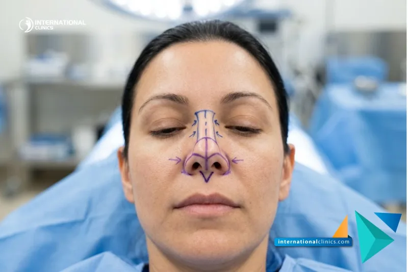 Close-up of a patient's nose marked with surgical planning lines for a septorhinoplasty procedure at International Clinics.