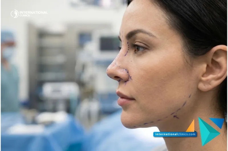 Close-up aesthetic focus showing surgical planning lines for a successful outcome by a Rhinoplasty and Facial Plastic Surgeon at International Clinics.