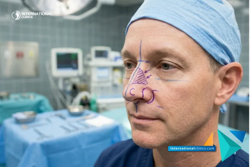 Clinical photograph of a patient's nose marked for a Crooked Nose Rhinoplasty at International Clinics.