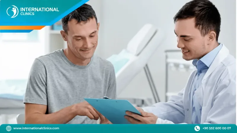 Fertility specialist explaining IVF treatment options to a patient in a clinic consultation room in Turkey