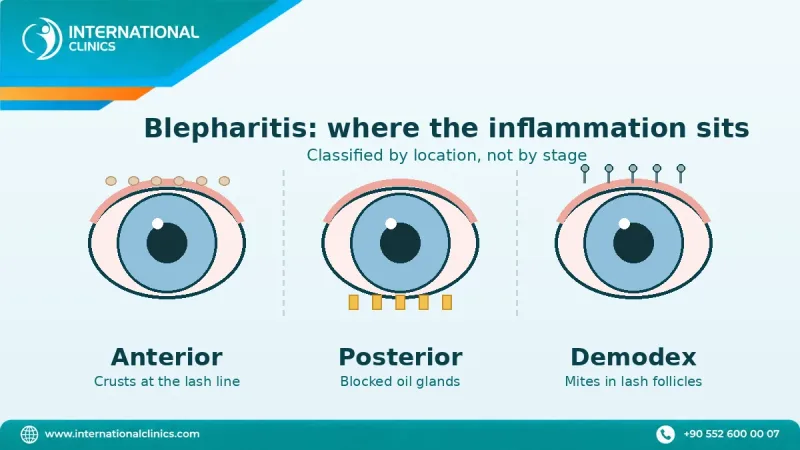 Blepharitis symptoms by location: anterior, posterior and demodex eyelid inflammation