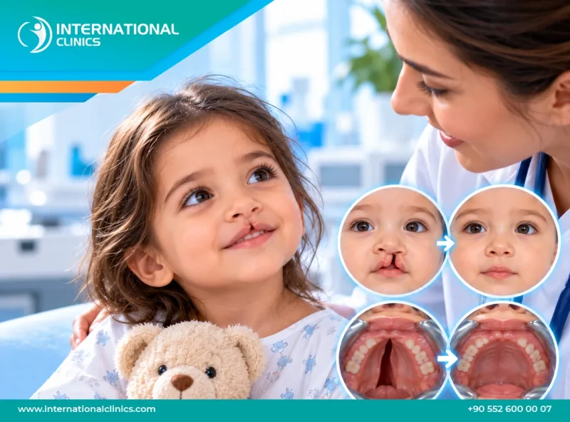 Illustration of cleft lip and cleft palate before and after surgical repair