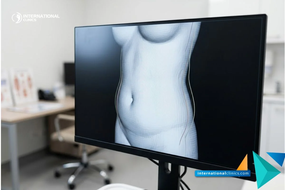 A modern medical monitor displaying a 3D digital model of an external human body silhouette and waistline contour map for Types of Liposuction.