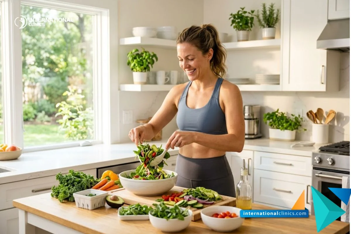 Persona enérgica preparando una ensalada verde saludable en una cocina soleada, ilustrando el éxito en la Prevención de la Diabetes.