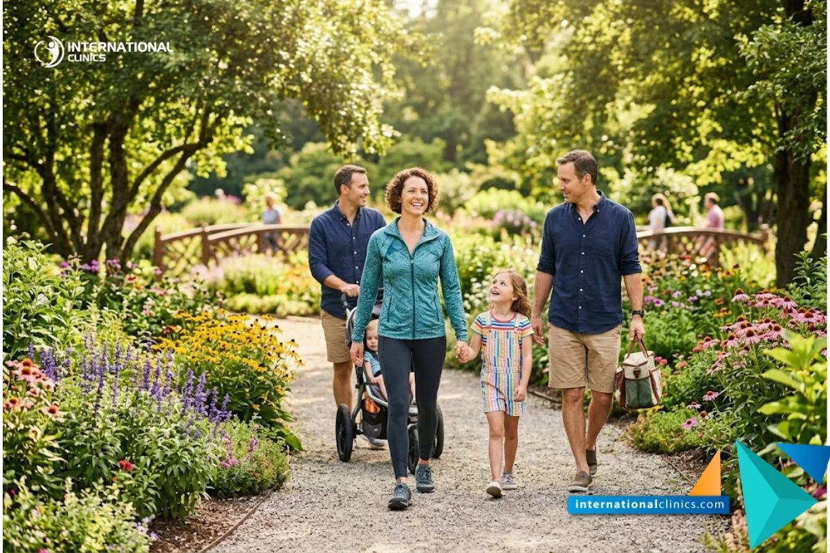 A lifestyle photograph of a healthy person walking confidently with family in a botanical garden, displaying full recovery after Sepsis, seamlessly filling a 3:2 frame, entirely free of text or logos.