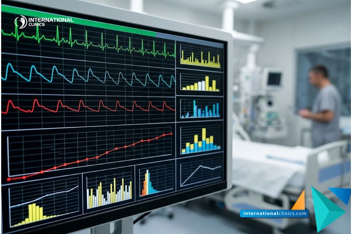 A clinical photograph focusing on a modern medical monitor displaying dynamic physiological waveforms and vital sign graphs for Sepsis, seamlessly filling a 3:2 frame, text-free, with an intensive care background.