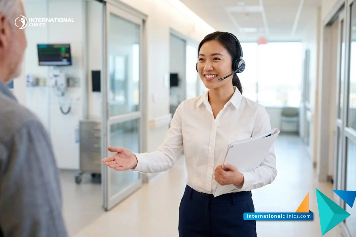 A lifestyle photograph of a professional young female medical coordinator wearing a headset and white shirt, warmly welcoming patients at International Clinics in a modern clinical hospital corridor, seamlessly filling a 3:2 frame.
