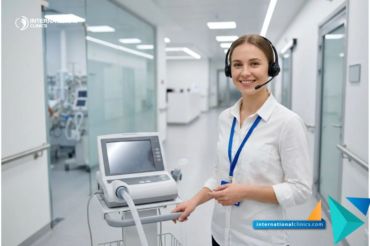 : A professional young female medical coordinator wearing a headset and white shirt in a modern pulmonology hospital department at International Clinics, with a soft-focus clinical corridor background and seamlessly bleeding off edges.