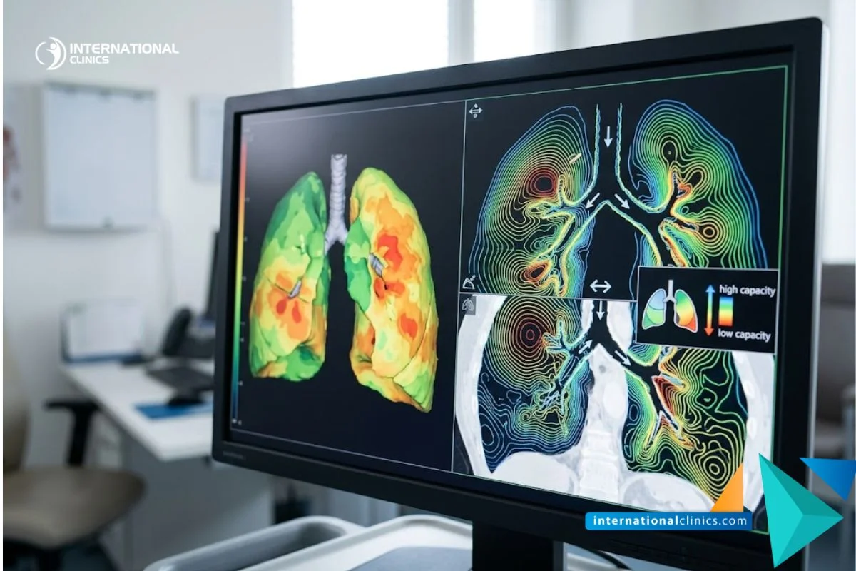 A clinical photograph focusing on a modern medical monitor displaying a detailed 3D digital lung model and HRCT scan mapping airflow for Advanced Emphysema, filling the frame edge-to-edge seamlessly.