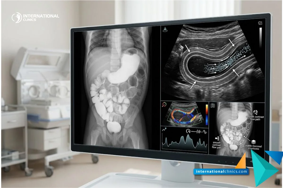 Pantalla de diagnóstico médico mostrando ecografía abdominal para enterocolitis necrotizante