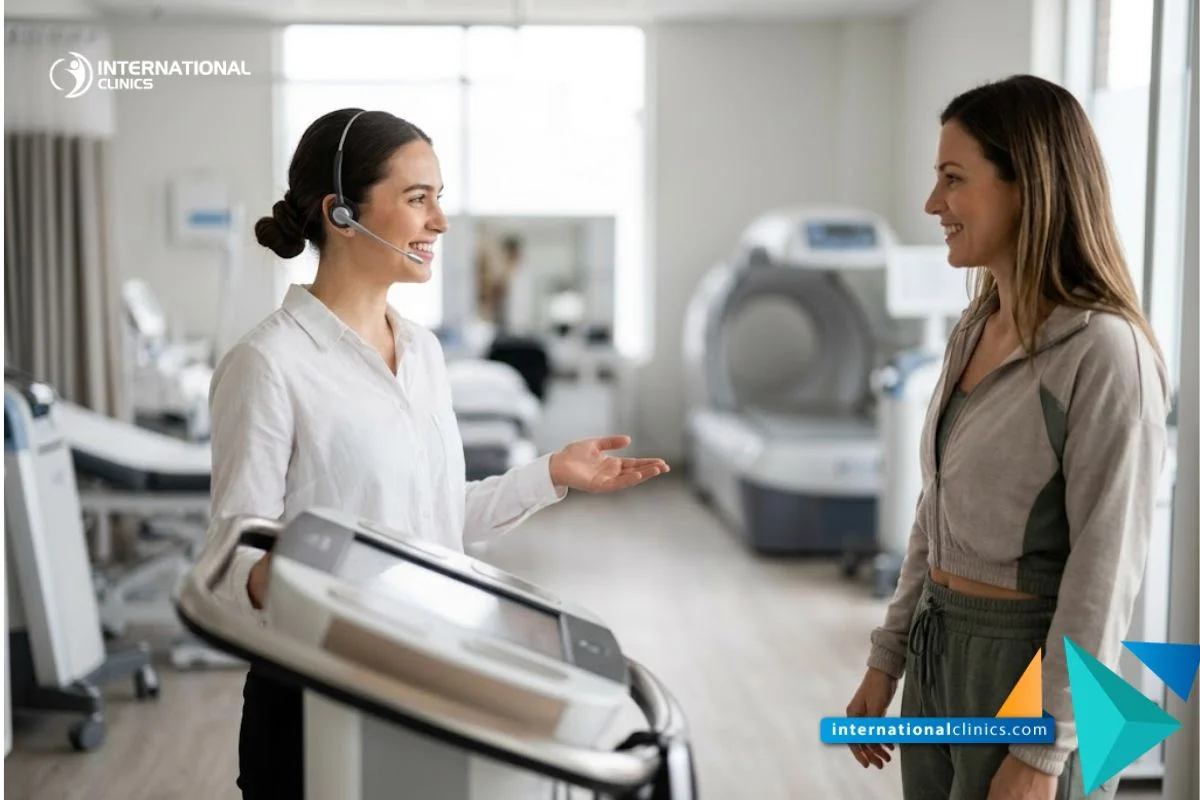 A professional young female medical coordinator welcoming a patient in a high-tech body contouring center at International Clinics.