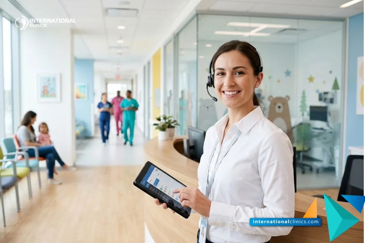 Coordinadora médica atendiendo a los pacientes en la recepción de International Clinics
