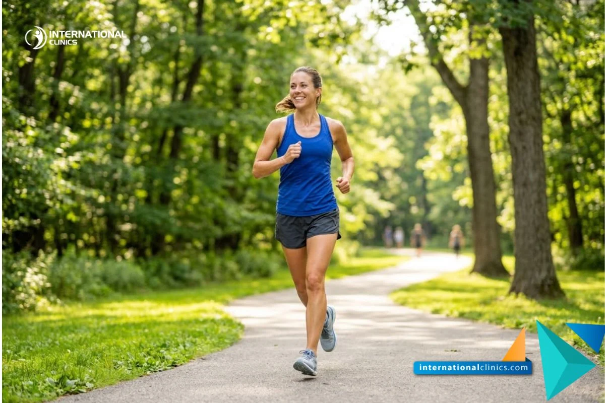 A fit, energetic person in clean athletic wear jogging in a beautiful sunny park, displaying health and body confidence after Types of Liposuction.