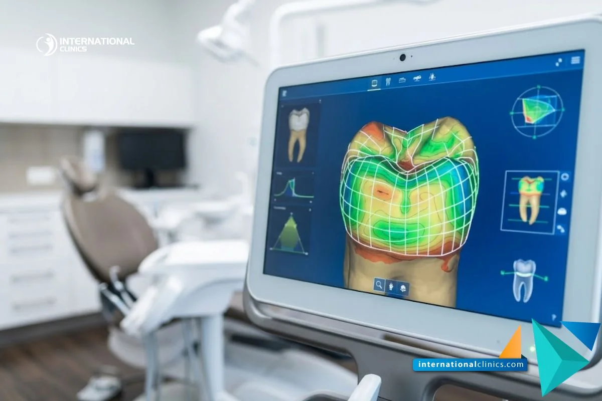 Una pantalla clínica que muestra un escaneo dental digital en 3D y la planificación para la Odontología Conservadora.
