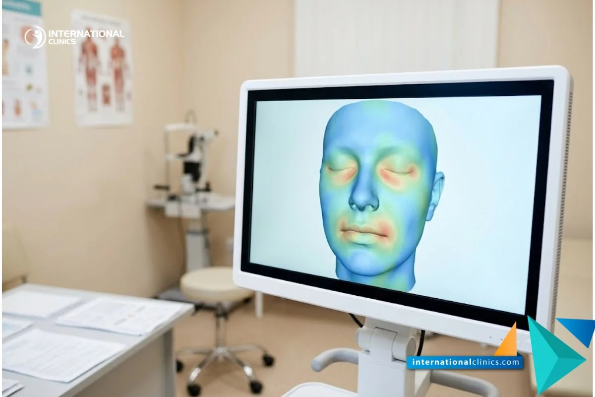 Un monitor médico moderno que muestra un modelo digital 3D de los contornos faciales y un mapa de inflamación para el diagnóstico del Angioedema.