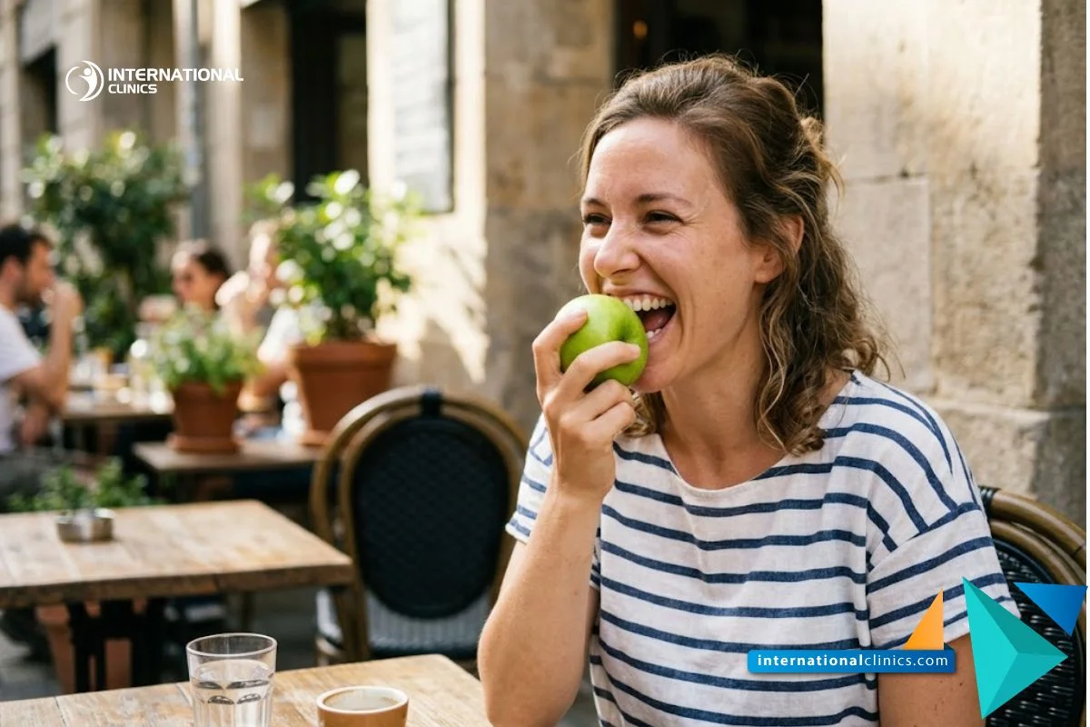 Una foto de estilo de vida de una persona alegre mordiendo una manzana verde al aire libre, recuperada tras una Odontología Conservadora.