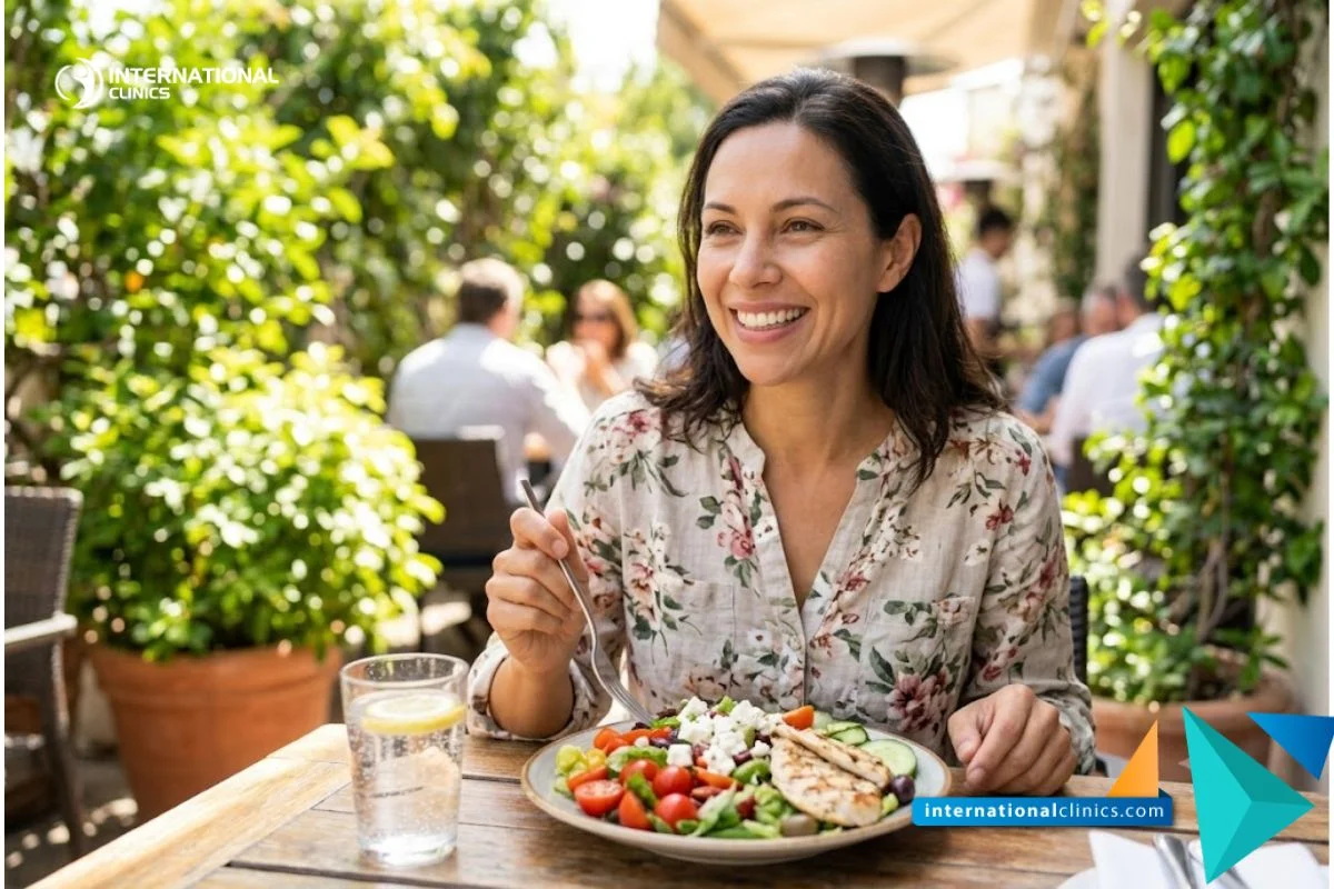 Un paciente feliz disfrutando de una comida al aire libre, demostrando una recuperación completa y gran calidad de vida tras superar el Angioedema.