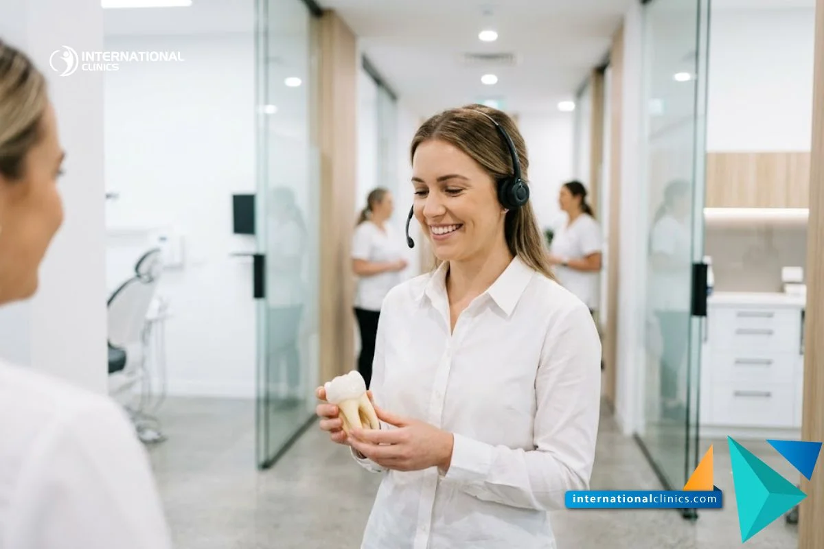 Una joven y profesional coordinadora médica sosteniendo un modelo dental en 3D en un moderno pasillo de hospital en International Clinics.