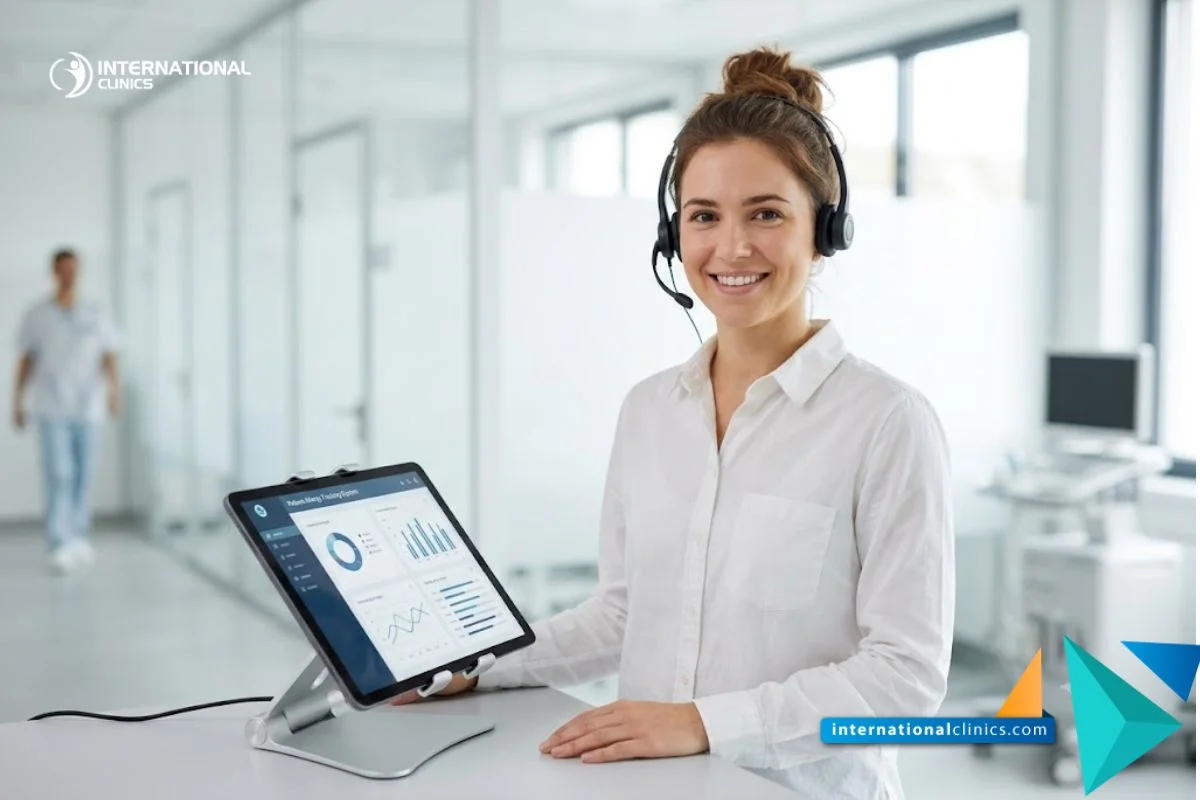Una joven y profesional coordinadora médica con auriculares sonriendo en un moderno departamento de inmunología de un hospital en International Clinics.