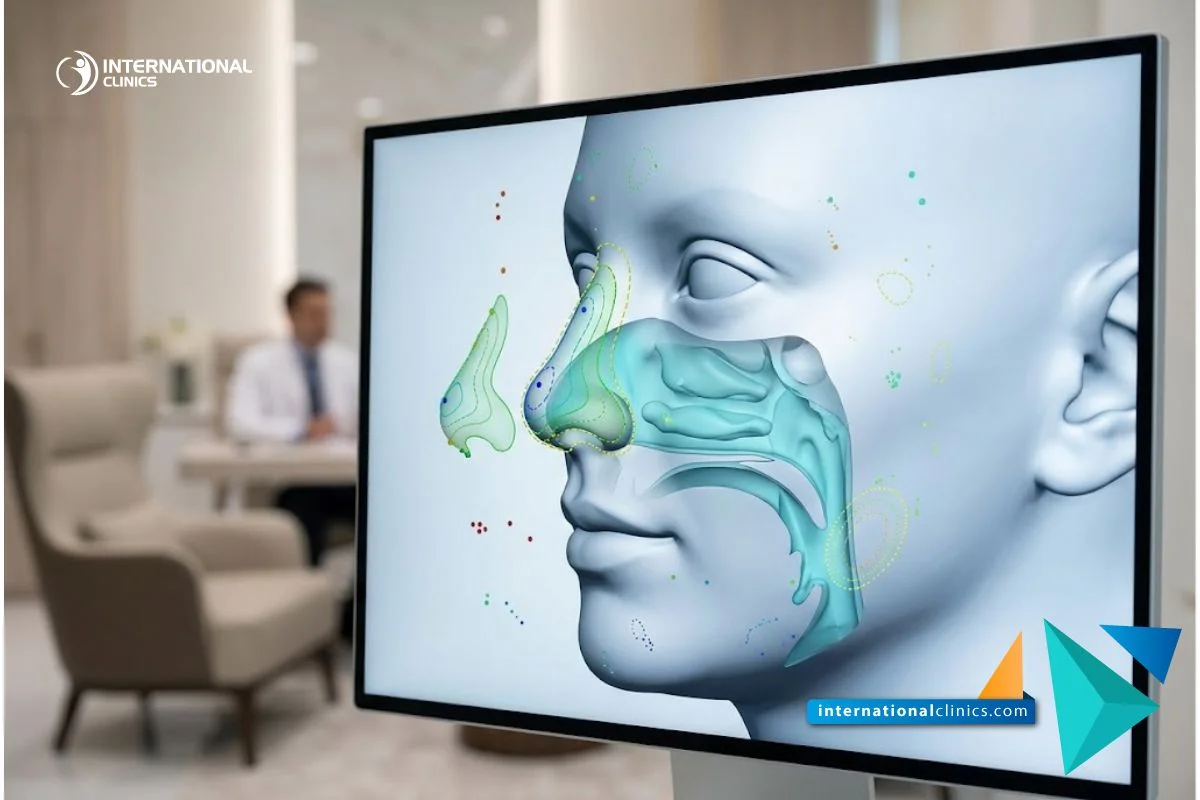 Modern medical monitor displaying a detailed 3D digital model of a nasal structure for Awake Rhinoplasty in Turkey.