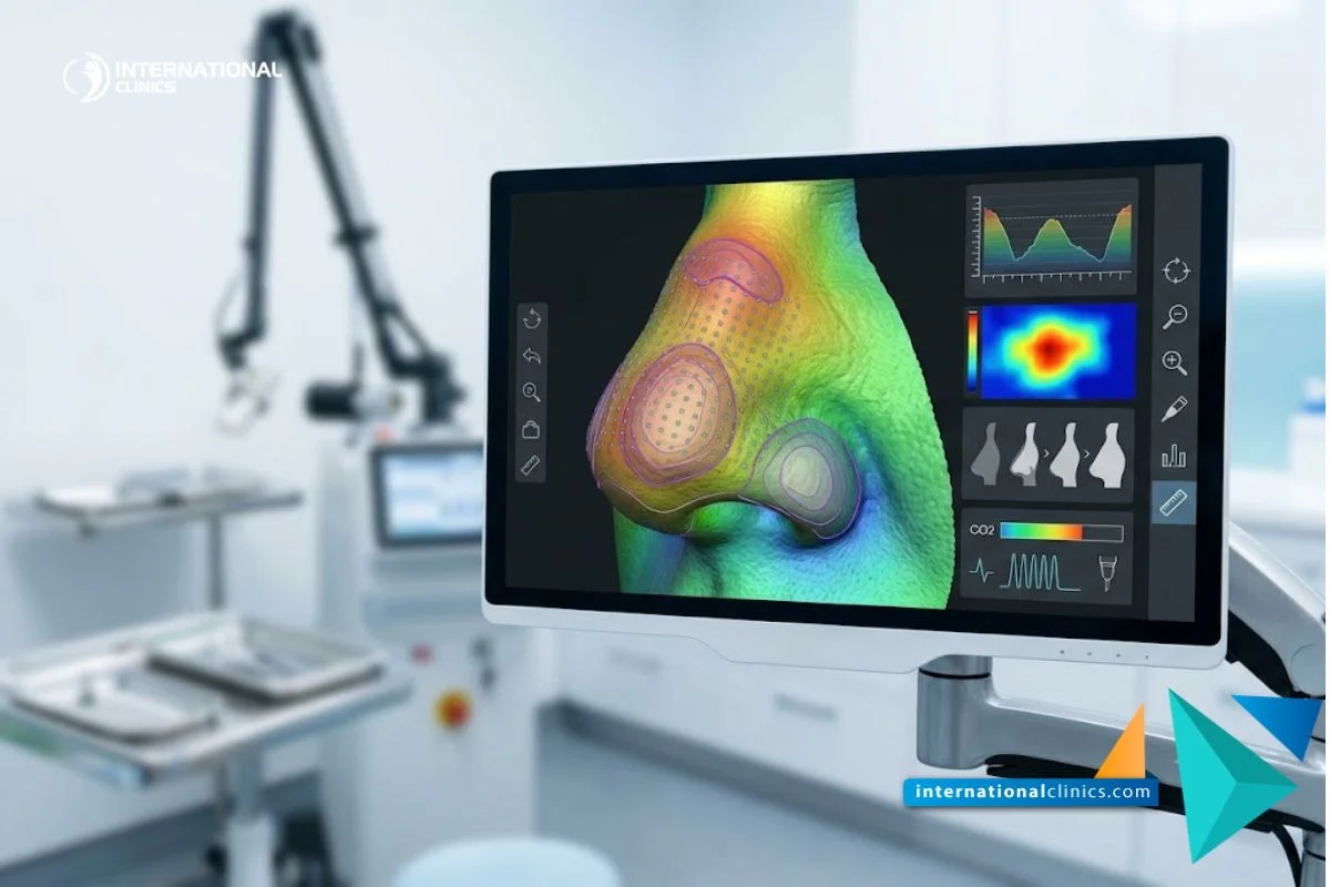 Pantalla médica de alta tecnología que muestra un mapa topográfico 3D para el Tratamiento de rinofima con láser CO2