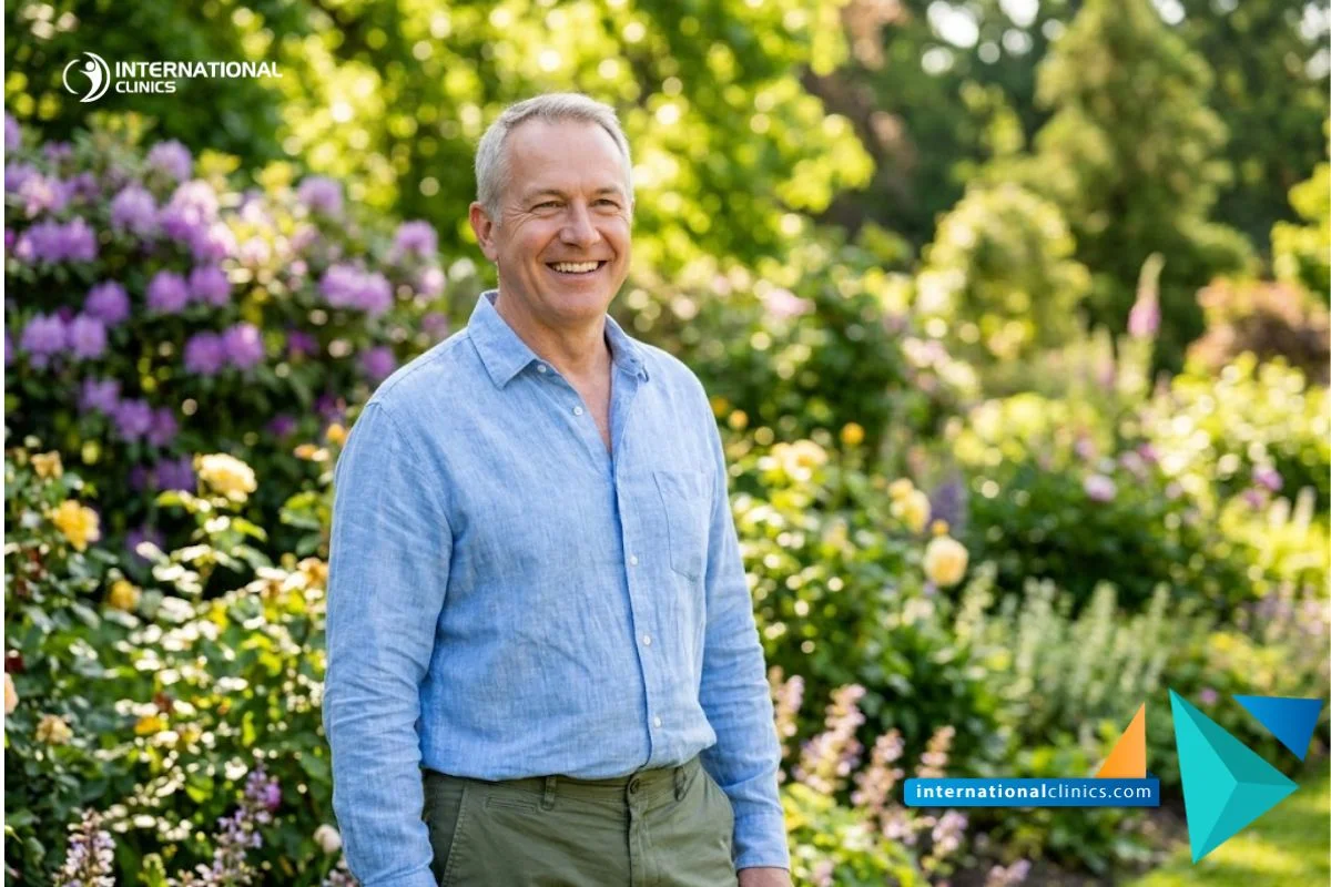 Hombre feliz y seguro de sí mismo disfrutando de la naturaleza tras su Tratamiento de rinofima con láser CO2