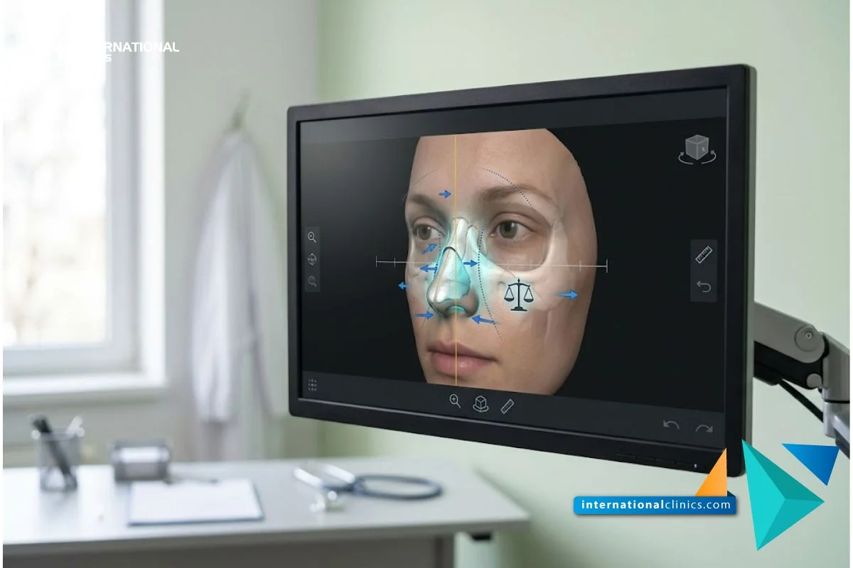 Medical monitor displaying a 3D facial model for Crooked Nose Rhinoplasty planning.