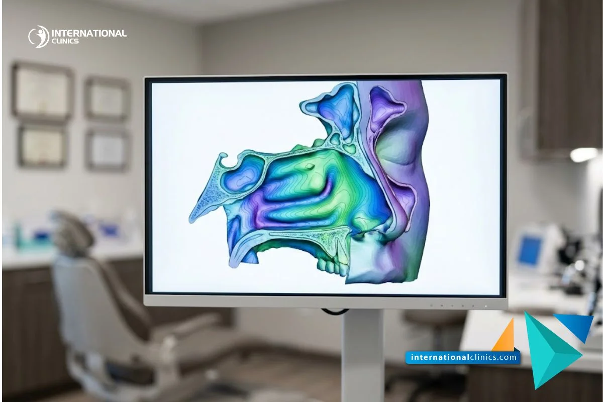 Monitor médico mostrando un modelo topográfico 3D de las vías nasales para Otorrinolaringología y Cirugía Estética.